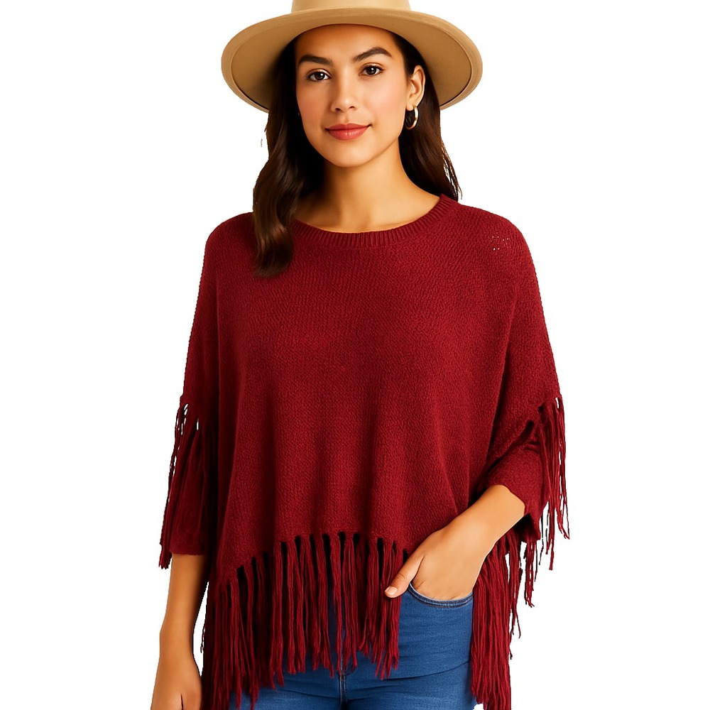 Maurices Womens Burgundy Knit Fringe Poncho Sweater Boho Festival Layering Piece